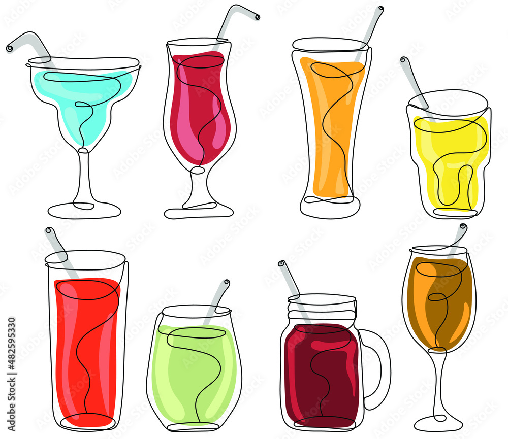 Summer drinks. Trendy line art minimalist design for summer beach party invitation, bar menu of juice and non alcohol drinks. Vector illustration Summer drinks. Trendy line art minimalist design for summer beach party invitation, bar menu of juice and non alcohol drinks. Vector illustration
