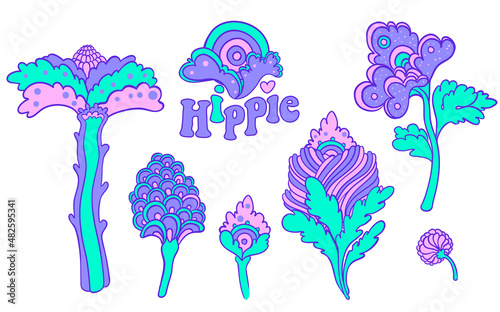 Colorful flower set, retro 60s, 70s hippie style. Vintage psychedelic vector ...
