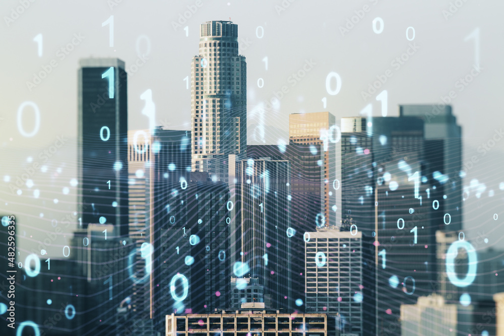 Abstract virtual binary code illustration on Los Angeles skyline background. Big data and coding concept. Multiexposure