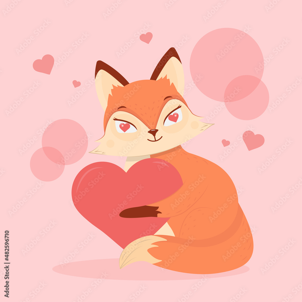 Cute little fox on a pink background holding a heart