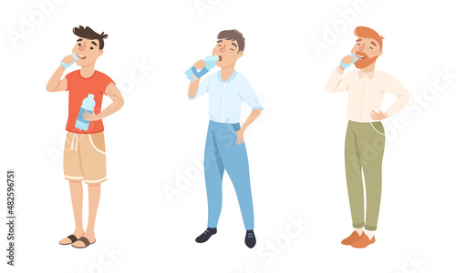 Fototapeta Naklejka Na Ścianę i Meble -  Young Man Standing and Drinking Pure Still Water from Plastic Bottle Quenching Thirst Vector Set