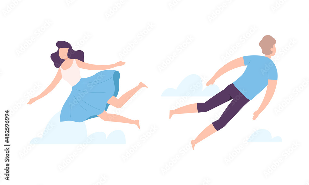 Flying Man and Woman Floating in the Air and Cloud Fantasizing Vector ...