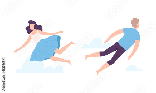 Flying Man and Woman Floating in the Air and Cloud Fantasizing Vector Set