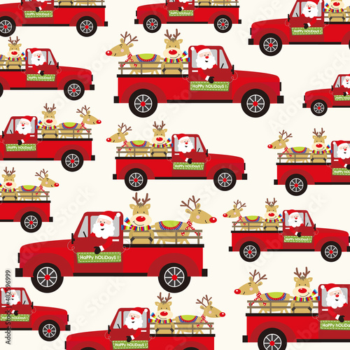 christmas seamless pattern with truck, santa and reindeer