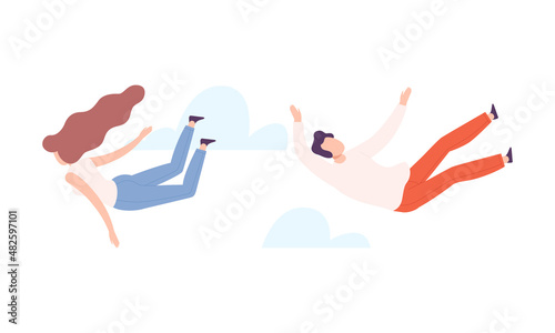 Flying Man and Woman Floating in the Air and Cloud Fantasizing Vector Set