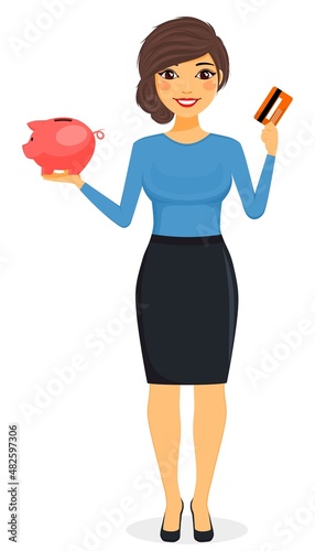 Concept, a girl businessman holds a piggy bank and a credit card in her hands. Safety of finances. Business and finance. Character. Flat style. Cartoon