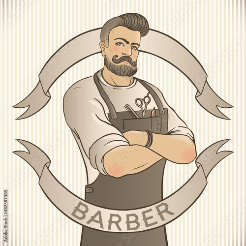 Retro Barber Shop Vintage Template. Vector illustration with barber's portrait.
