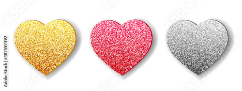 Glitter hearts set. Valentine's day card design. Pink, silver and golden heart shapes.