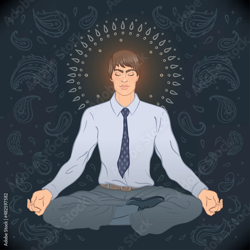 Beautiful Caucasian Man sitting in Lotus pose with ornate mandala on background. Vector illustration. Spa consent, yoga studio, or natural medicine clinic.