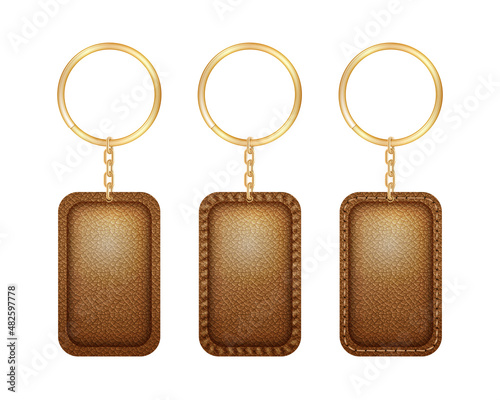 Leather restangle keychain, holder trinket for key with metal ring.