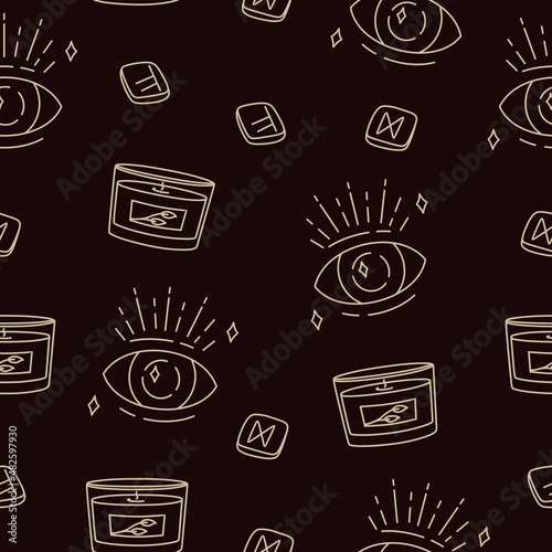 Pattern with magical symbols of boho esotericism mystical hand-drawn elements stone crystals. In gold color on a black background. Magical vector elements