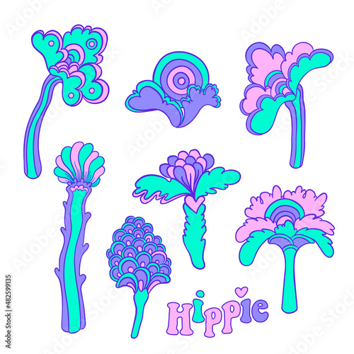 Colorful flower set, retro 60s, 70s hippie style. Vintage psychedelic vector ...