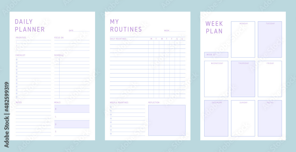 3 Set of minimalist planners. Daily and weekly planner template. Clear ...