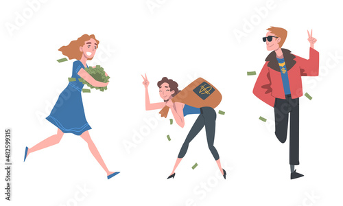 Happy Rich Man and Woman Carrying Pile of Dollar Banknote and Cash Vector Set