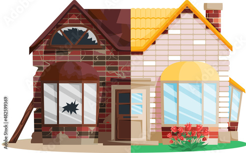 Home renovation, house before and after repair. New and old suburban cottage. Remodel construction. Old run-down house remodeled into cute traditional suburban cottage. Building maintenance service