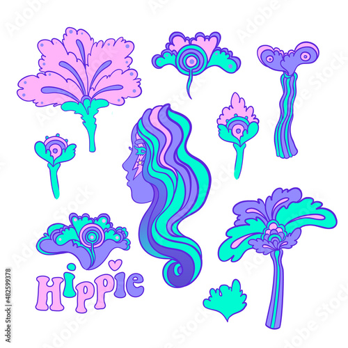 Colorful flower set, retro 60s, 70s hippie style. Vintage psychedelic vector ...
