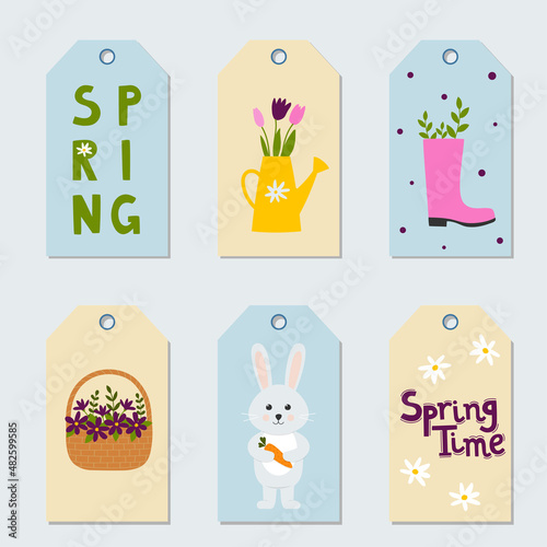 Set of spring gift tags and labels with cute cartoon characters and lettering. Doodle flat style 