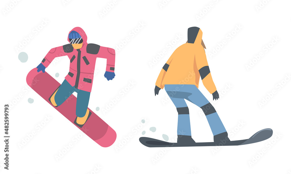 Man and Woman Snowboarding Dressed in Winter Outfit Vector Set