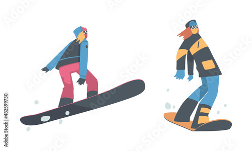 Man and Woman Snowboarding Dressed in Winter Outfit Vector Set
