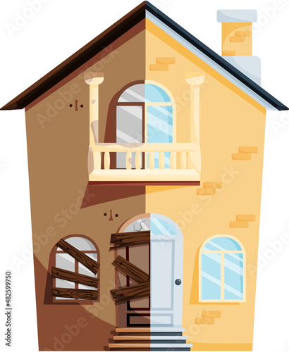 Home renovation, house before and after repair. New and old suburban cottage. Remodel construction. Old run-down house remodeled into cute traditional suburban cottage. Building maintenance service