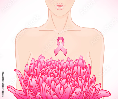 October: Breast Cancer Awareness Month, annual campaign to increase awareness of the disease. Woman with breast cancer awareness pink ribbon, vector illustration health, medicine, beauty concept