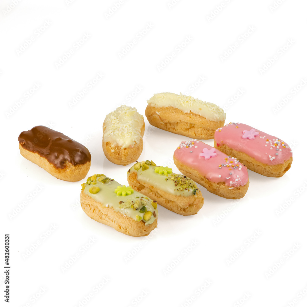 Eclair, French pastry, studio shot, white background