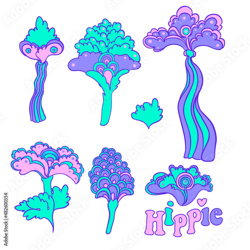 Colorful flower set, retro 60s, 70s hippie style. Vintage psychedelic vector ...