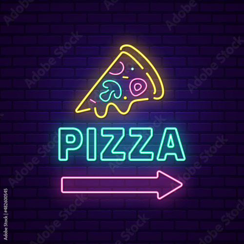Pizza slice icon neon sign, bright glowing emblem