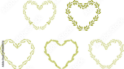 A set of five hearts made of leaves. Flower wreath. Design of an invitation card for holidays, a poster, a banner, a greeting card, a postcard.