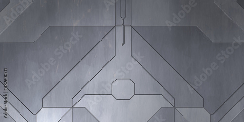 Fototapeta Naklejka Na Ścianę i Meble -  Futuristic conceptual design background. Spaceship texture wallpaper. Brushed technology pattern surface. 3D illustration. Symmetrical SciFi panels wall.
