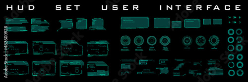 Big set  futuristic green HUD elements Frames, dialogs, circles and targets. User interface elements HUD, UI. Modern futuristic digital frames for games. Cyberframes set