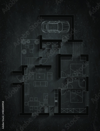 Floor plan of house, on blackboard background with shadows.