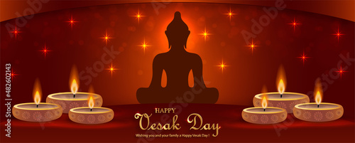 Happy Vesak Day card with bouddha symbols and oriental Asian elements