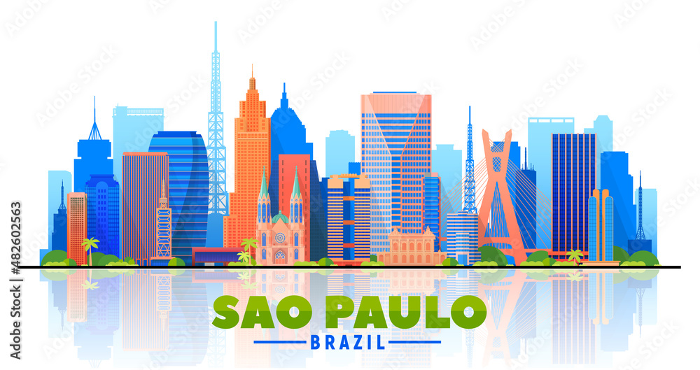 Sao Paulo (Brazil) skyline with panorama in white background. Vector Illustration. Business travel and tourism concept with modern buildings. Image for banner or website.