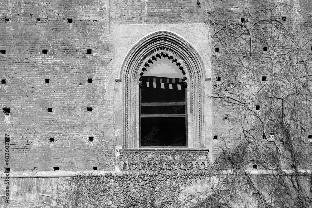Castello Sforzesco in Milan Italy. Black and white vintage style.