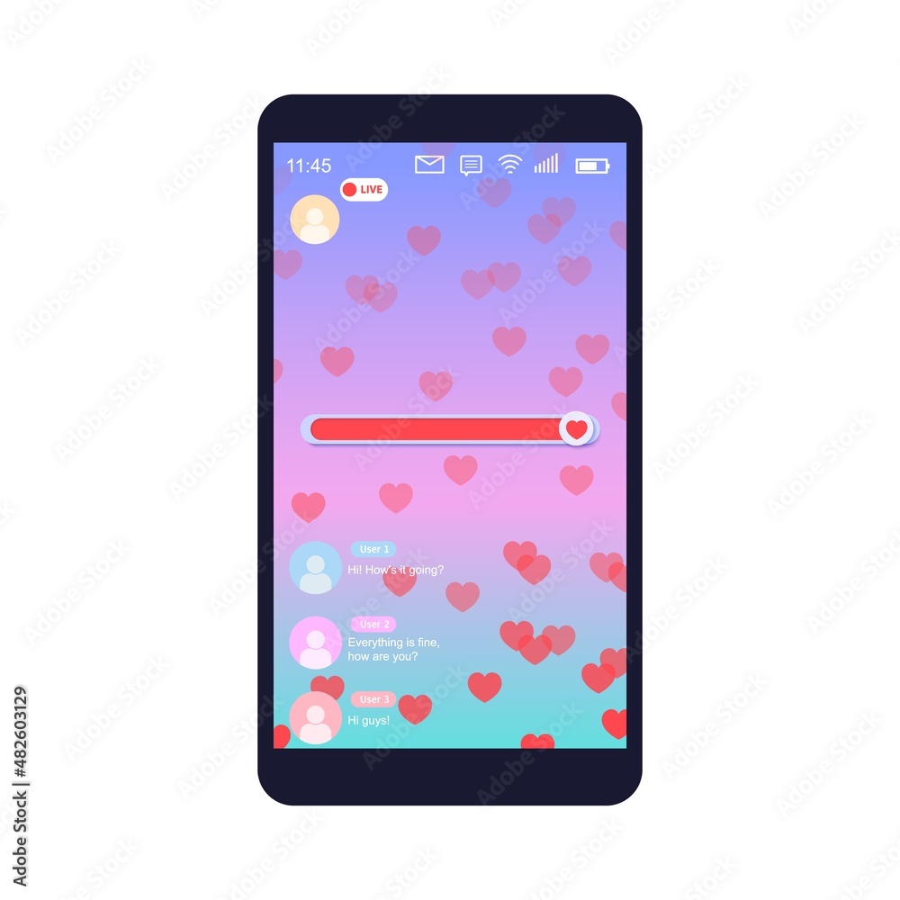 Mockup of mobile app with like slider live streaming. Interface photo frame design social media application network post template with flying multicolored hearts. Vector illustration for video chat.