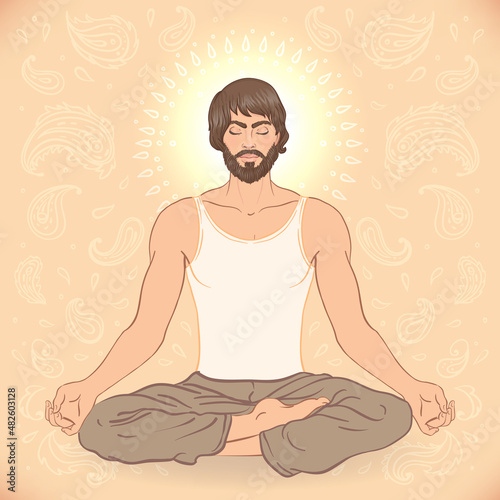 Beautiful Caucasian Man sitting in Lotus pose with ornate mandala on background. Vector illustration. Spa consent, yoga studio, or natural medicine clinic.