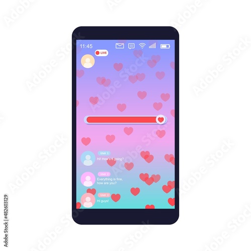 Mockup of mobile app with like slider live streaming. Interface photo frame design social media application network post template with flying multicolored hearts. Vector illustration for video chat.