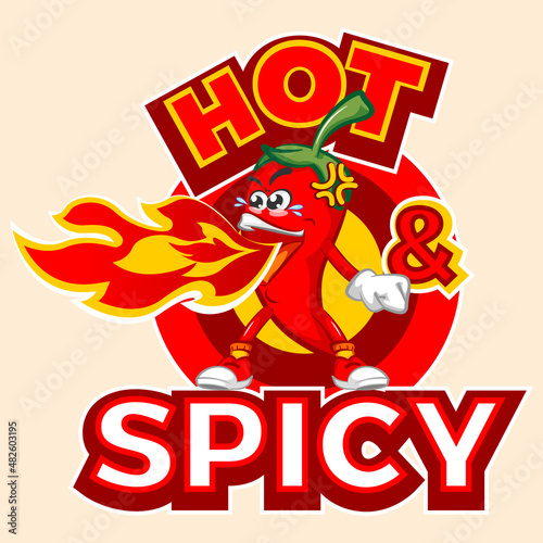 vector mascot character illustration of super spicy chili logo spouting hot fire with hot and spicy writing