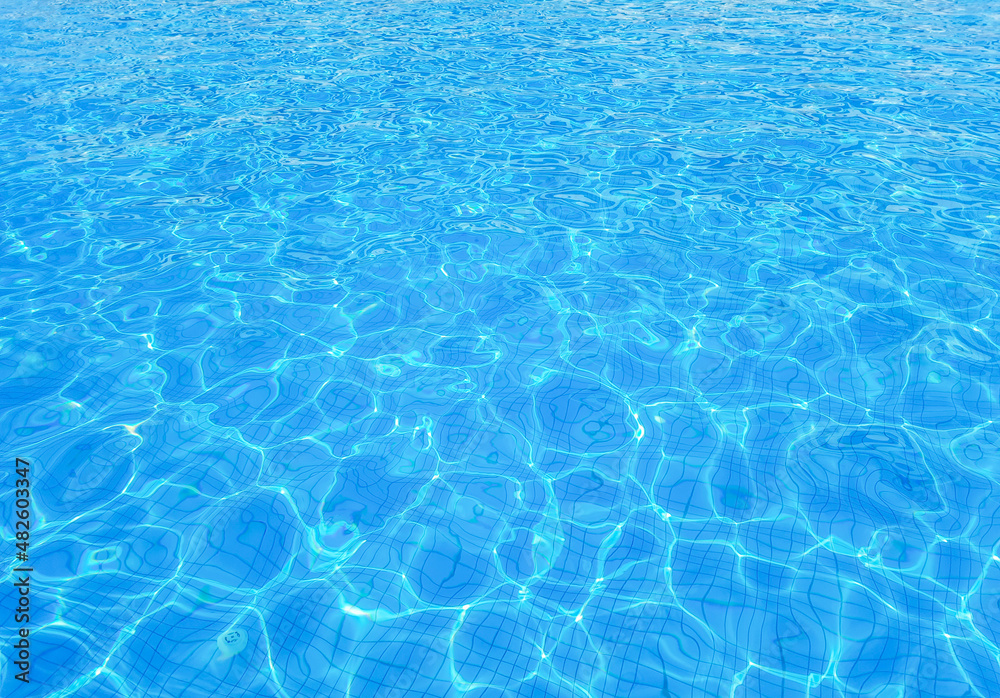 Beautiful bright sunny surface of swimming pool water with rippling wavy glowing blue transparent water. Abstract water surface with rippling waves background
