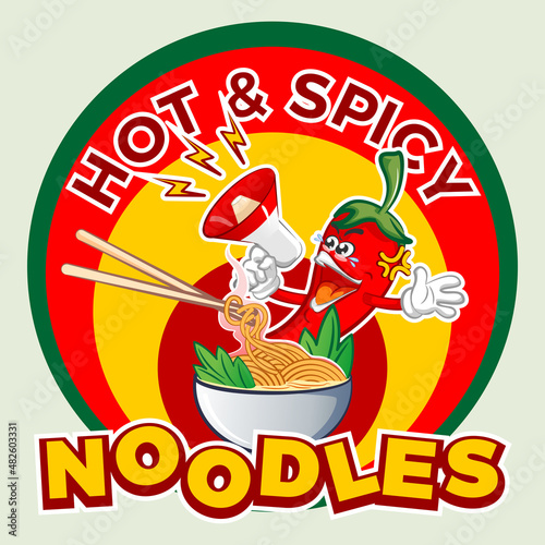 vector mascot character illustration chili logo screaming with loudspeaker offering a bowl of spicy noodles with the words hot and spicy noodles