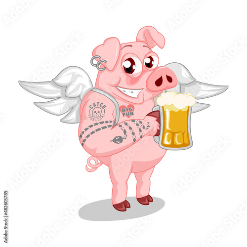 vector mascot illustration of a pig with angel wings drinking beer
