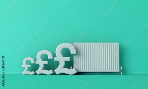 Cost of heating. Pound sterling currency symbol next to a radiator heater. 3D Rendering photo
