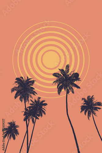 Vintage tropical poster in boho warm colors. Geometric abstract sun and sketchy palm trees silhouette drawing.