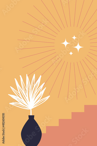 Minimal boho-style poster. Dry boho leaf in a vase. Abstract geometric sun, stars, and stairs.