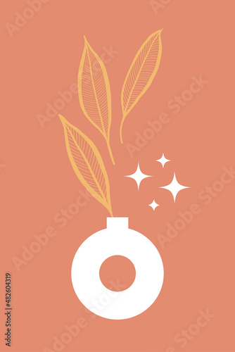 Minimal boho-style poster. Tropical sketchy leaves in a donut vase. Sparkling stars.