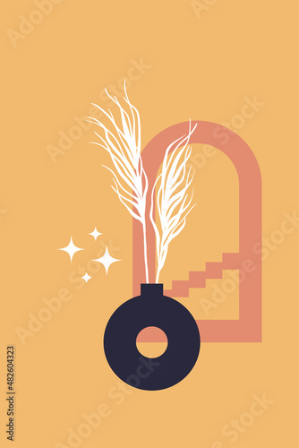 Minimal boho-style poster. Dry boho leaves in a donut vase. Geometric arch window.