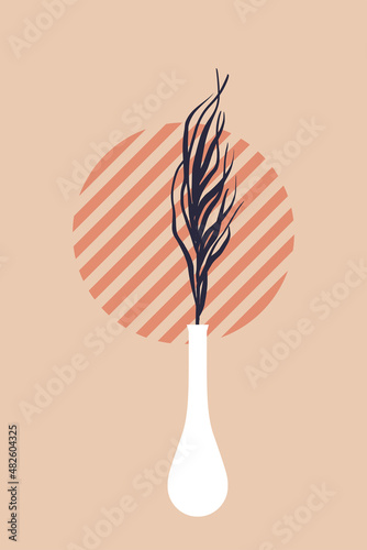 Minimal boho-style poster. Dry boho leaf in a vase. Abstract geometric sun.