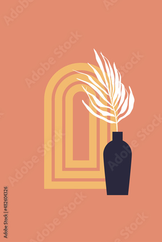 Minimal boho-style poster. Tropical plant leaf in a vase. Geometric arch window.