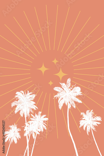 Tropical poster in boho warm colors. Geometric abstract sun and stars and sketchy palm trees silhouette.